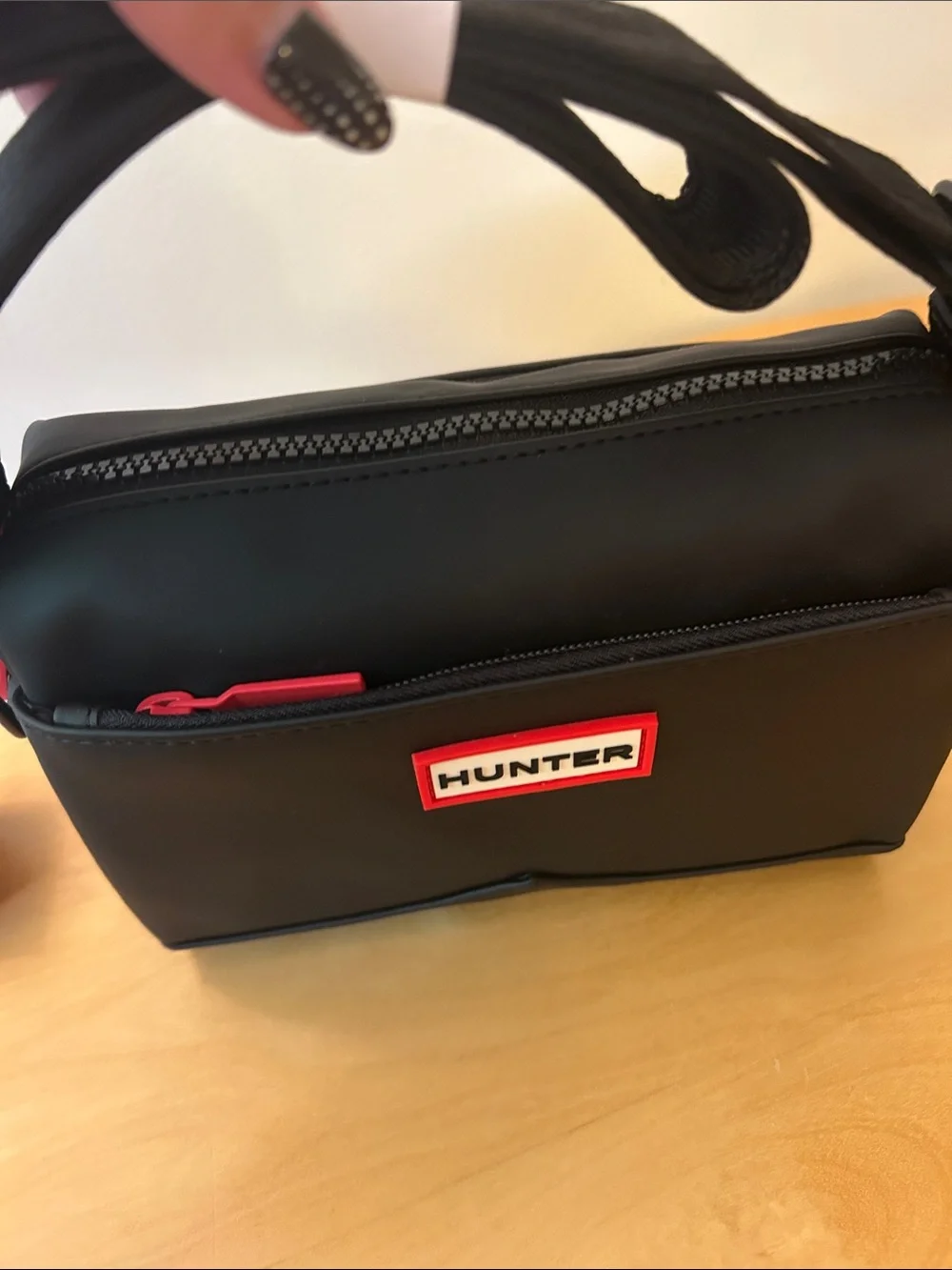Hunter Black Crossbody Messenger Bag with Red Logo Accents